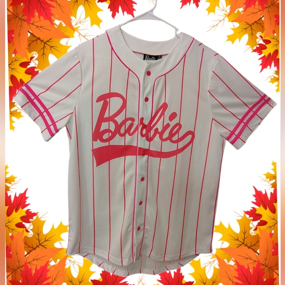 Barbie Kids Button Down Shirt - White with Pink Stripes